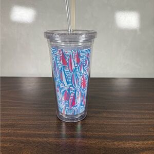 Lilly Pulitzer Tumbler with Lid Blue Pink Sailboats With Straw Plastic NEW